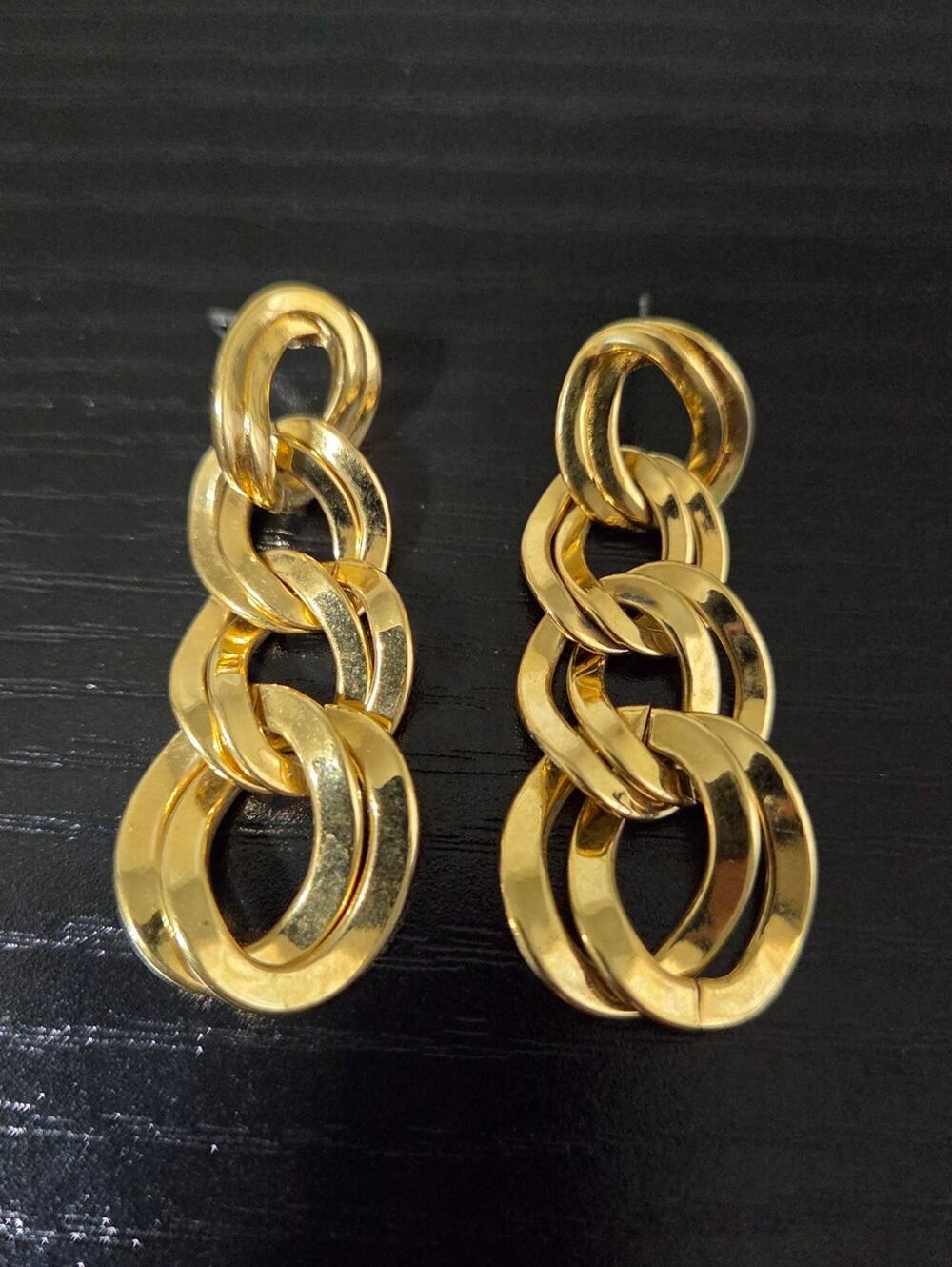 Vintage Monet Gold Tone Long Double Link Chain Dangle Statement Earrings Signed